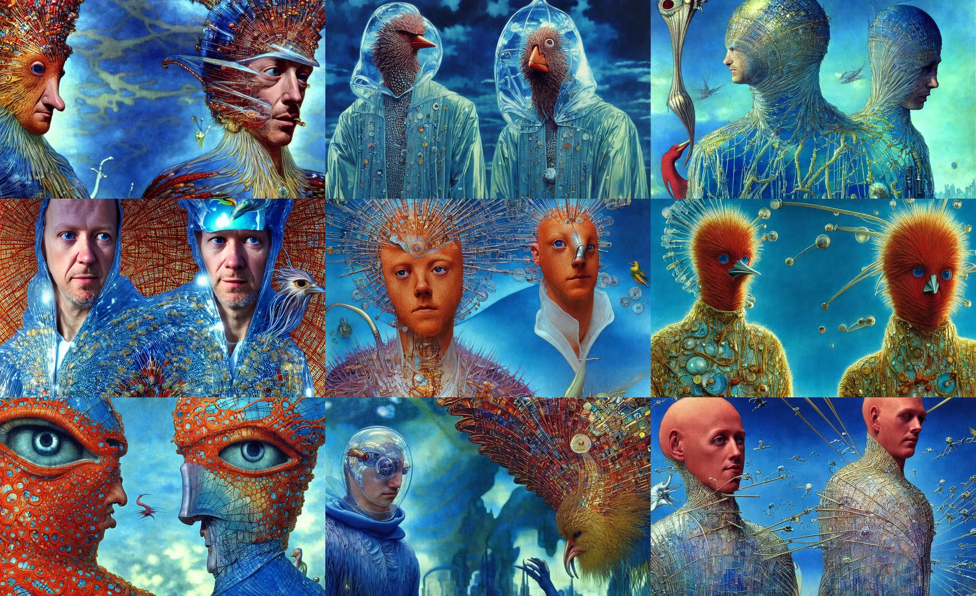 Prompt: realistic detailed closeup portrait movie shot of a birdman wearing reflective transparent robes, sci fi city landscape background by denis villeneuve, amano, yves tanguy, alphonse mucha, ernst haeckel, max ernst, roger dean, masterpiece, rich moody colours, blue eyes