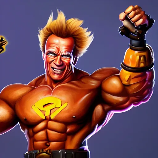 Image similar to a screenshot of arnold schwarzenegger as junkrat in overwatch holding tnt, portrait, fantasy, beautiful face, vivid colors, elegant, concept art, sharp focus, digital art, hyper - realistic, 4 k, unreal engine, highly detailed, hd, dramatic lighting by brom, trending on artstation