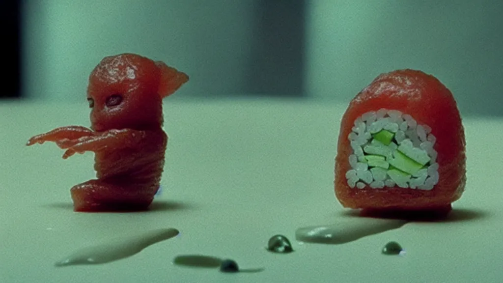 Prompt: a tiny strange creature barely appears on a piece of sushi, film still from the movie directed by Denis Villeneuve with art direction by Zdzisław Beksiński, wide lens