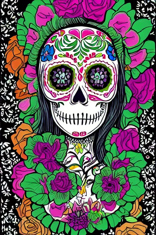 Prompt: Illustration of a sugar skull day of the dead girl, art by hayao miyazaki