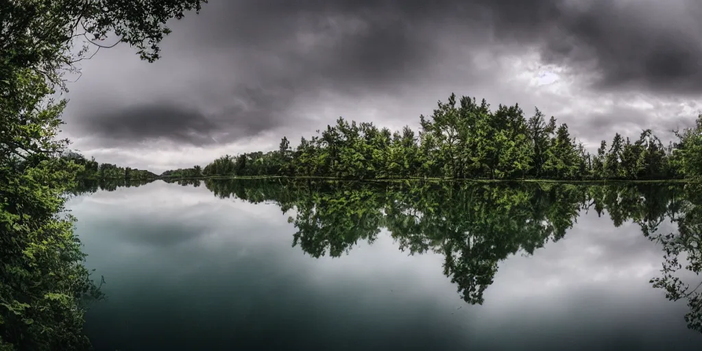 Image similar to centered photograph of a long rope snaking directly on the surface of the water, rope center of the lake, a dark lake on a cloudy day, color film, trees in the background, hyper detailed photo, anamorphic lens
