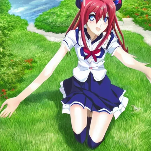 Prompt: Full body portrait of a woman from Highschool DxD wearing a sailor seifuku giving a peace sign in a lush green park, detailed, artstation, by Kyoto Animation and Studio Ghibli and GAINAX