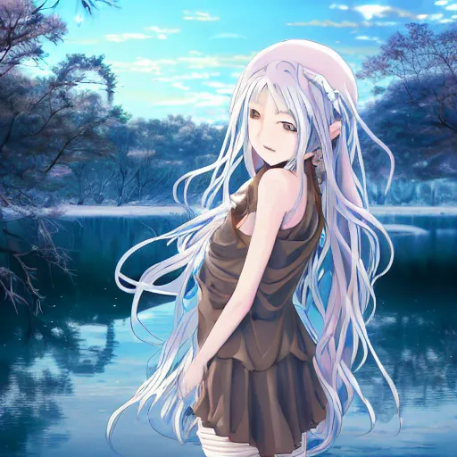 Prompt: a very beautiful anime girl, full body, long braided curly silver hair, sky blue eyes, full round face, short smile, casual clothes, winter lake setting, cinematic lightning, medium shot, mid-shot, highly detailed, trending on Artstation, pastel, Unreal Engine 4k, cinematic wallpaper by Stanley Artgerm Lau, WLOP, Rossdraws, James Jean, Andrei Riabovitchev, Marc Simonetti, and Sakimichan