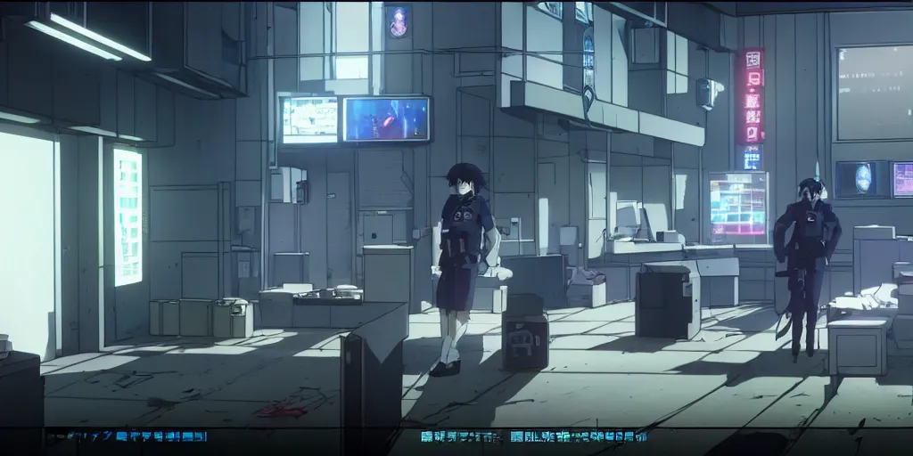 Image similar to an empty after hours cyberpunk police police office in the cyberpunk anime film, Shichiro Kobayashi, screenshot in the anime series ergo proxy ergo proxy and Detroit metal city, interior
