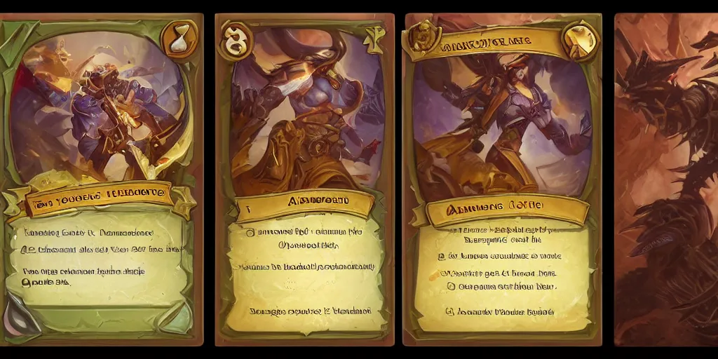 Prompt: 3 new custom cards template by Magic gathering, artifact, hearthstone, tabletop, icons, status icons, card, Andrei Riabovitchev, GUI, Yoshitaka Amano, TCG, ArtStation, CGSociety,