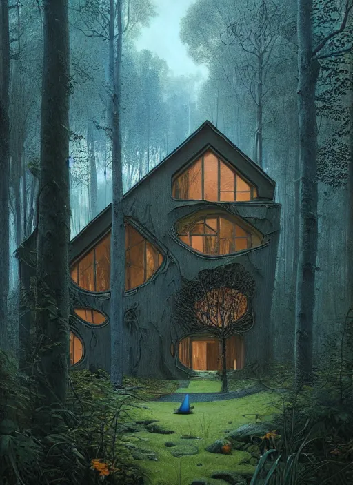 Image similar to hyper realistic witchy modern house with mood lighting and tech in the woods gorgeous lighting, blue sky, highly detailed, lush forest foliage painting by zdzisław beksinski and norman rockwell and greg rutkowski weta studio, and lucasfilm