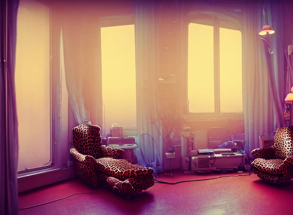 Prompt: telephoto 7 0 mm f / 2. 8 iso 2 0 0 photograph depicting the feeling of chrysalism in a cosy cluttered french sci - fi ( art nouveau ) cyberpunk apartment in a pastel dreamstate art cinema style. ( leopard, computer screens, window ( city ), armchair, lamp ( ( ( fish tank ) ) ) ), ambient light.