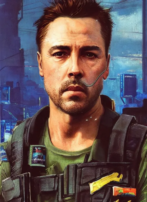 Image similar to Don Johnson. cyberpunk USN marine wearing a military vest and combat gear. (Cyberpunk 2077, bladerunner 2049, rb6s). Squarish face. Iranian orientalist portrait by john william waterhouse and Edwin Longsden Long and Theodore Ralli and Nasreddine Dinet, oil on canvas. Cinematic, hyper realism, realistic proportions, dramatic lighting, high detail 4k