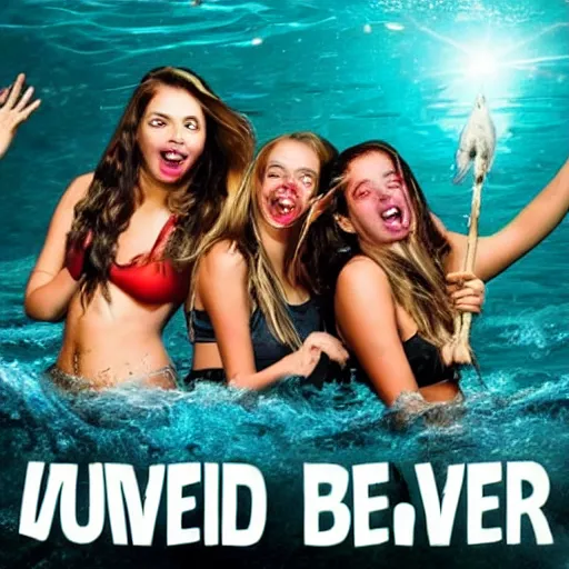 Image similar to three young women having fun on a boat, while a zombie beaver with glowing eyes is swimming beneath them. movie poster. photo. very detailed.