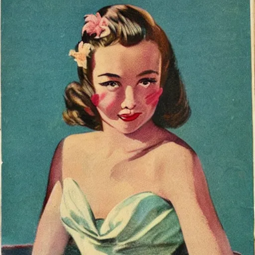 Image similar to “Sydney Sweeney portrait, color vintage magazine illustration 1950”