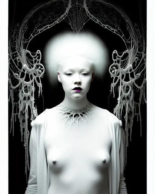 Image similar to dreamy foggy soft luminous bw art photo, beautiful young spiritual albino biomechanical female cyborg, mandelbrot fractal porcelain profile face, very long neck, halo, white smoke atmosphere, rim light, big leaves and stems, fine foliage lace, alexander mcqueen, art nouveau fashion pearl embroidered collar, steampunk, elegant