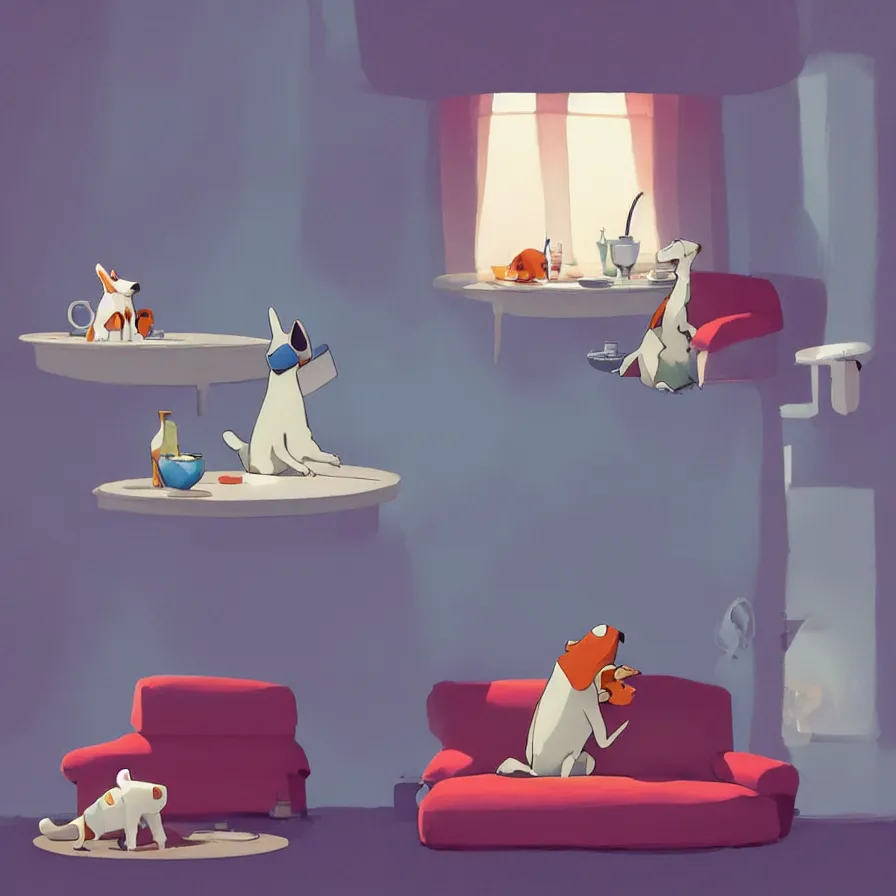 Image similar to Goro Fujita illustrating A dog on a sofa staring at the food dish under the window in the living room, art by Goro Fujita, sharp focus, highly detailed, ArtStation