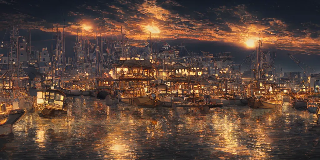 Prompt: photorealistic image of a japanese harbor at midnight, beautiful lighting, extremely intricate, hyper detailed, hd, masterpiece