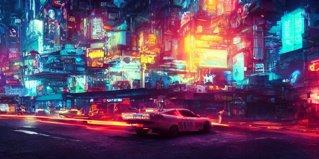 Image similar to a 3 d rendered in unreal engine guatemalan cyberpunk city with neon ads and signs with evocative dramatic mood with blade runner vibe with cars and floating vehicles with motion blur with depth of field with bloom with lightshaft with volumetric lights, fog, by jeremy mann, oscar winning graphics, photo realistic, bloom, imax, dynamic lighting, artstation,