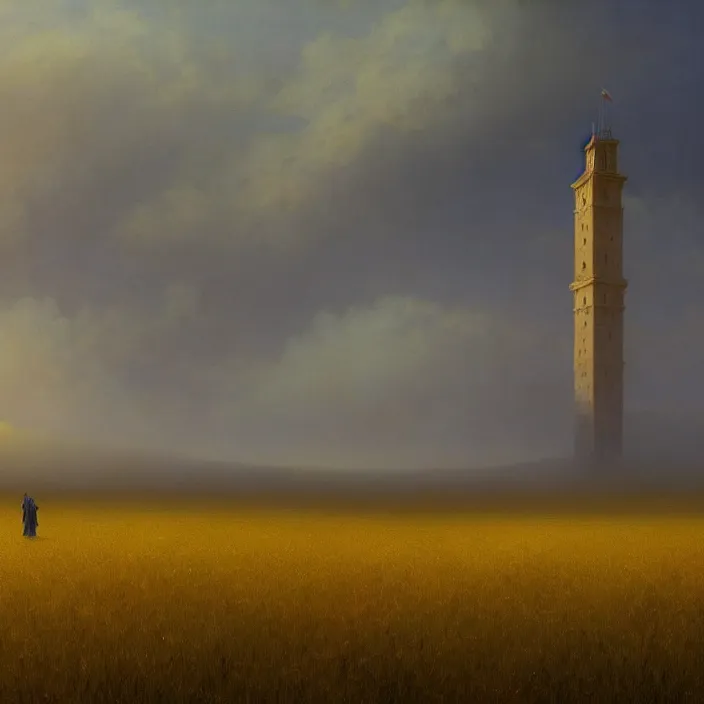 Prompt: a beautiful painting of a tower in a field of golden wheat by ivan aivazovsky and zdzisław beksinski and rene magritte and greg rutkowski and james gurney, in style of digital art. hyper detailed. octane render. maya. trending on artstation