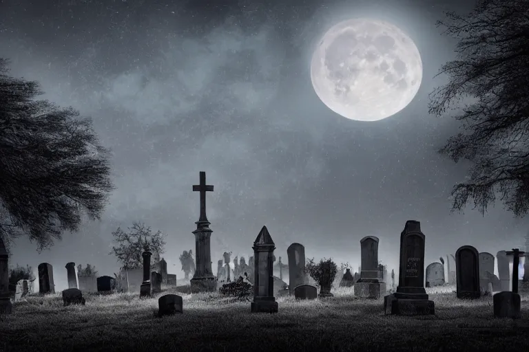 Prompt: a cemetery with a full moon in the background, a detailed matte painting by dirk crabeth, shutterstock contest winner, gothic art, gothic, macabre, goth