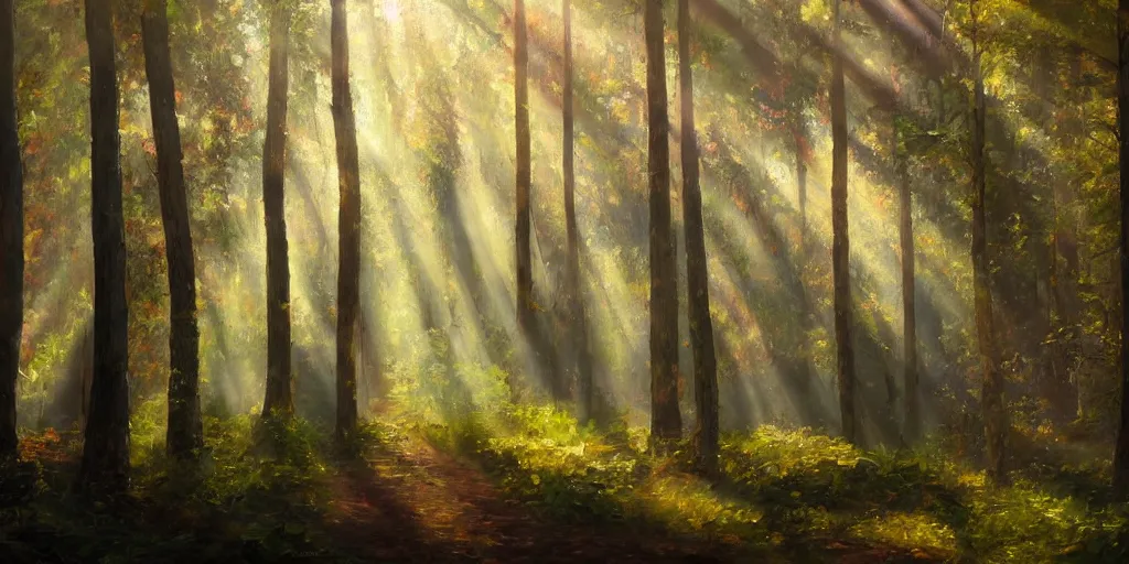 Image similar to An oil painting of an intensely beautiful forest in the morning with straight vertical trees; rays of light coming through the canopy; trending on artstation; extraordinary masterpiece!!!!!!; 8k; haunting beauty