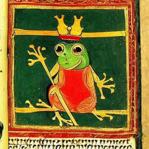 Image similar to beautiful medieval book manuscript painting of a frog wearing a crown