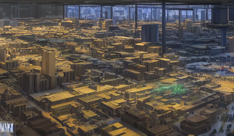 Image similar to large group people in simple warehouse, looking at hologram of futuristic cbd on a table, cinematic concept art, godrays, golden hour, natural sunlight, 4 k, clear details, tabletop model buildings, center model buildings, hologram center, crane shot, crane shot, crane shot, clear details, windows