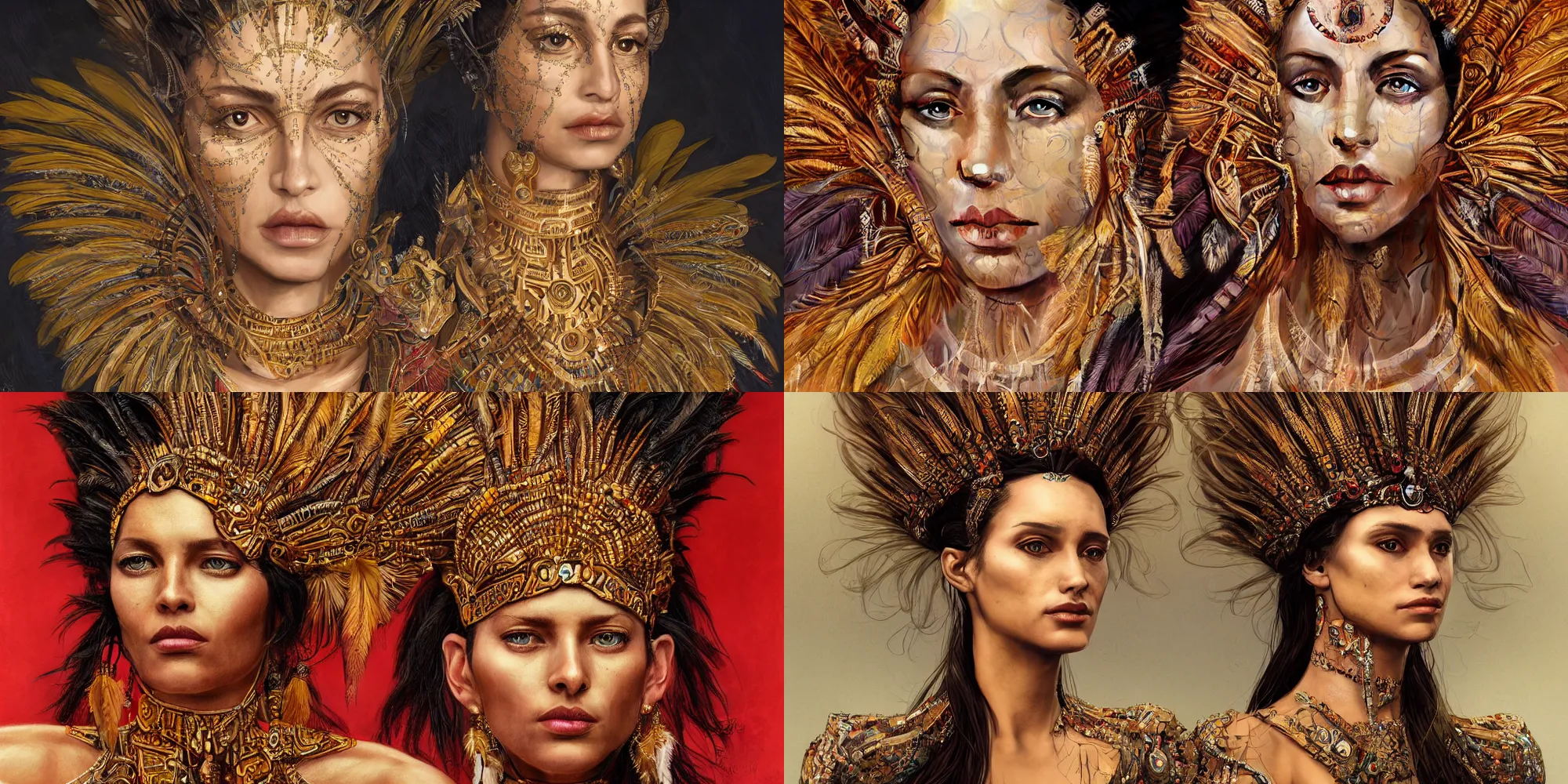 Prompt: realistic character concept of queen with lots of aztec feather art in the face, elegant pose, scifi, illustration, slender symmetrical face and body, artstation, cinematic lighting, hyperdetailed, cgsociety, 8 k, high resolution, kehinde wiley, tom bagshaw, insanely detailed and intricate, beautiful, elegant, golden ratio, dark fractal background, vfx, postprocessing