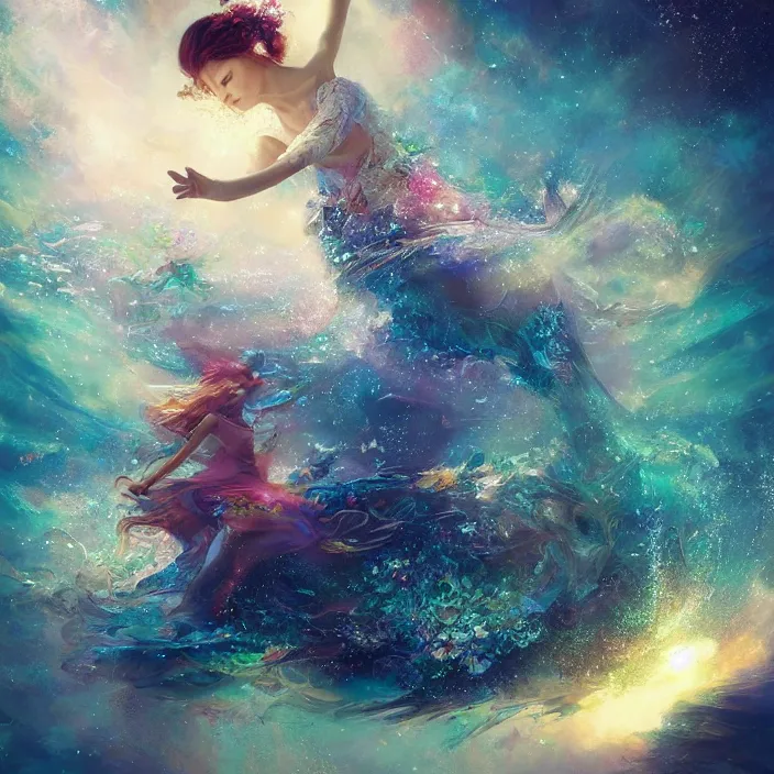 Image similar to glimmering whale, flowing dress, flowers, cosmos, milky way galaxy, swirling, dancing, golden hour, god rays, coral reef, dreamscape by artgerm and ruan jia and ismail inceoglu and greg olsen, masterpiece, beautiful, intricate, elegant, highly detailed