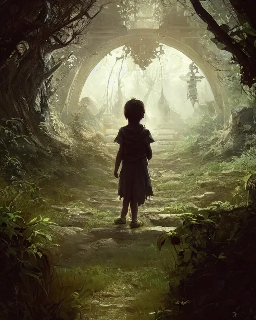 Image similar to a child looking at a portal in the hidden garden, scare, environment art, fantasy art, landscape art, in the style of greg rutkowski, illustration, epic, fantasy, intricate, hyper detailed, artstation, concept art, smooth, sharp focus, ray tracing