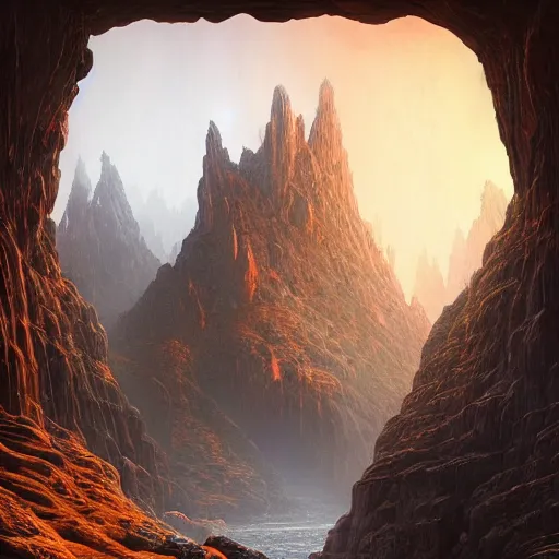 Image similar to “A beautiful hyper realistic detailed matte painting of the entrance to a dungeon of the gods at the base of an ancient mountain, dramatic lighting, dynamic lighting, cinematic lighting, lit by morning light, by Finnian MacManus and Jessica Rossier, unreal engine, featured on artstation, ultrawide angle, f8, polarizer filter, lava, magma, oversaturated, dof”