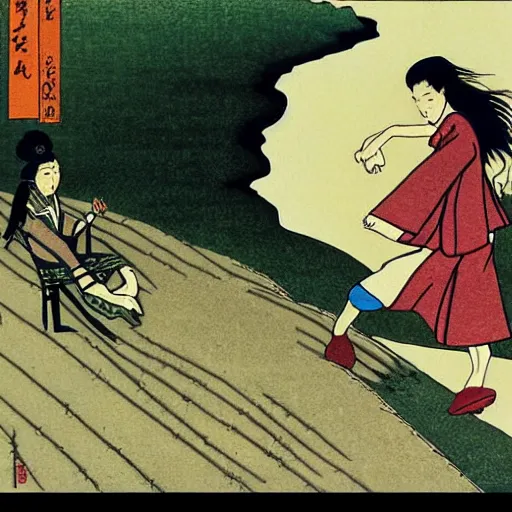 Image similar to Beautiful Japanese woman running from an old samurai on the beach Toshio Saeki, high detailed