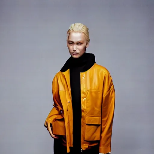 Image similar to realistic photoshooting for a new balenciaga lookbook color film photography portrait of a beautiful blonde european woman model wearing a workwear jacket, photo in style of tyler mitchell