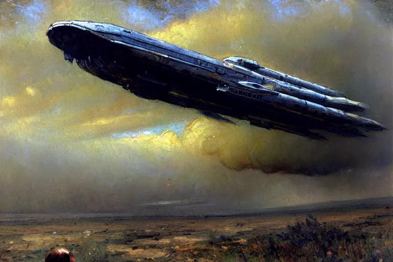 Image similar to impressionist brushstrokes!!!! hr giger and richard schmid and jeremy lipking victorian loose genre loose painting of a giant spaceship