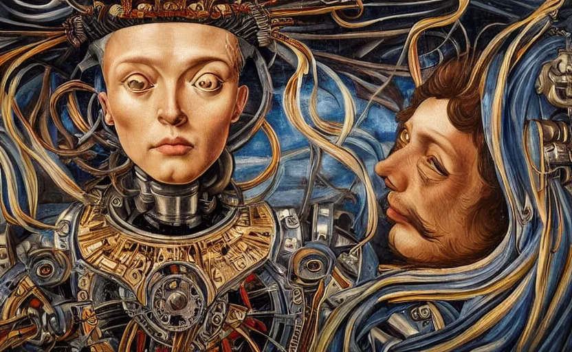 Prompt: beautifully painted mural of a mechanical cyborg king, piercing glowing eyes, intricate, highly detailed, incredible lighting, mural in the style of sandro botticelli, caravaggio, albrecth durer