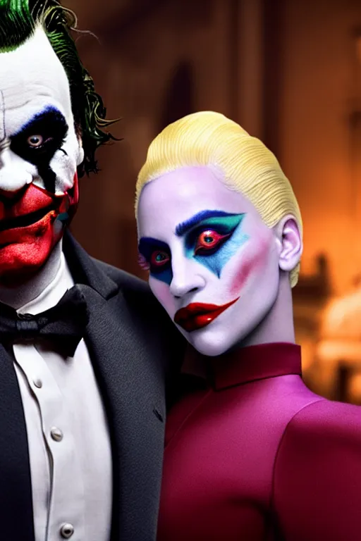 Image similar to joaquin phoenix joker with harley queen lady gaga, photorealistic, ultrarealistic, smooth, 4 k, aesthetic lighting, baroque object, sharp focus, hyperdetailed, professional photography, pullitzer winning, 8 0 0 photo by : canon eos 5 d mark iv, by karah mew and adnan abidi and jodie bateman and ansel adams