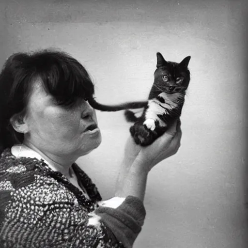 Prompt: a photographs of a woman eating a cat, both the woman and the cat are extremely terrified and scared and in tears