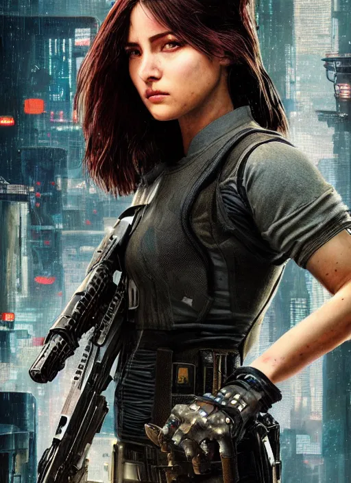 Image similar to 👩🏻🎤. cyberpunk police trooper in a military vest ( blade runner 2 0 4 9, cyberpunk 2 0 7 7 ). orientalist portrait by john william waterhouse and james gurney and theodore ralli and nasreddine dinet, oil on canvas. cinematic, hyper realism, realistic proportions, dramatic lighting, high detail 4 k