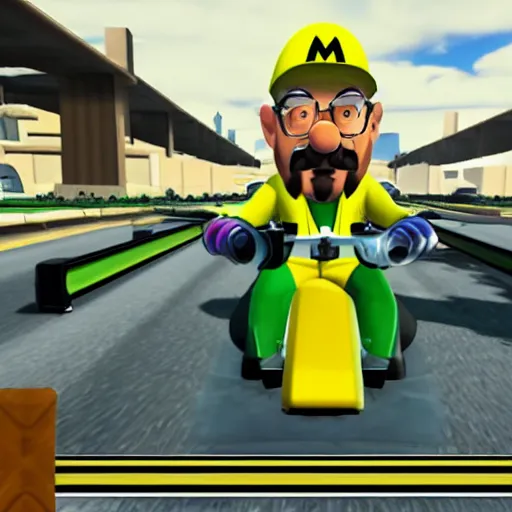 Image similar to Walter White in Mario Kart driving trailer car, game screenshot