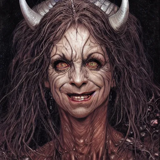 Prompt: head and shoulders portrait of an evil, black - skinned, horned night hag portrayed by reba mcintyre, d & d, fantasy, luis royo, magali villeneuve, donato giancola, wlop, krenz cushart