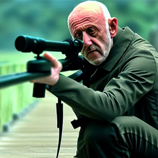 Image similar to Film still of Mike Ehrmantraut aiming with a !!!sniper rifle!!!, 4k, !!highly detailed!!