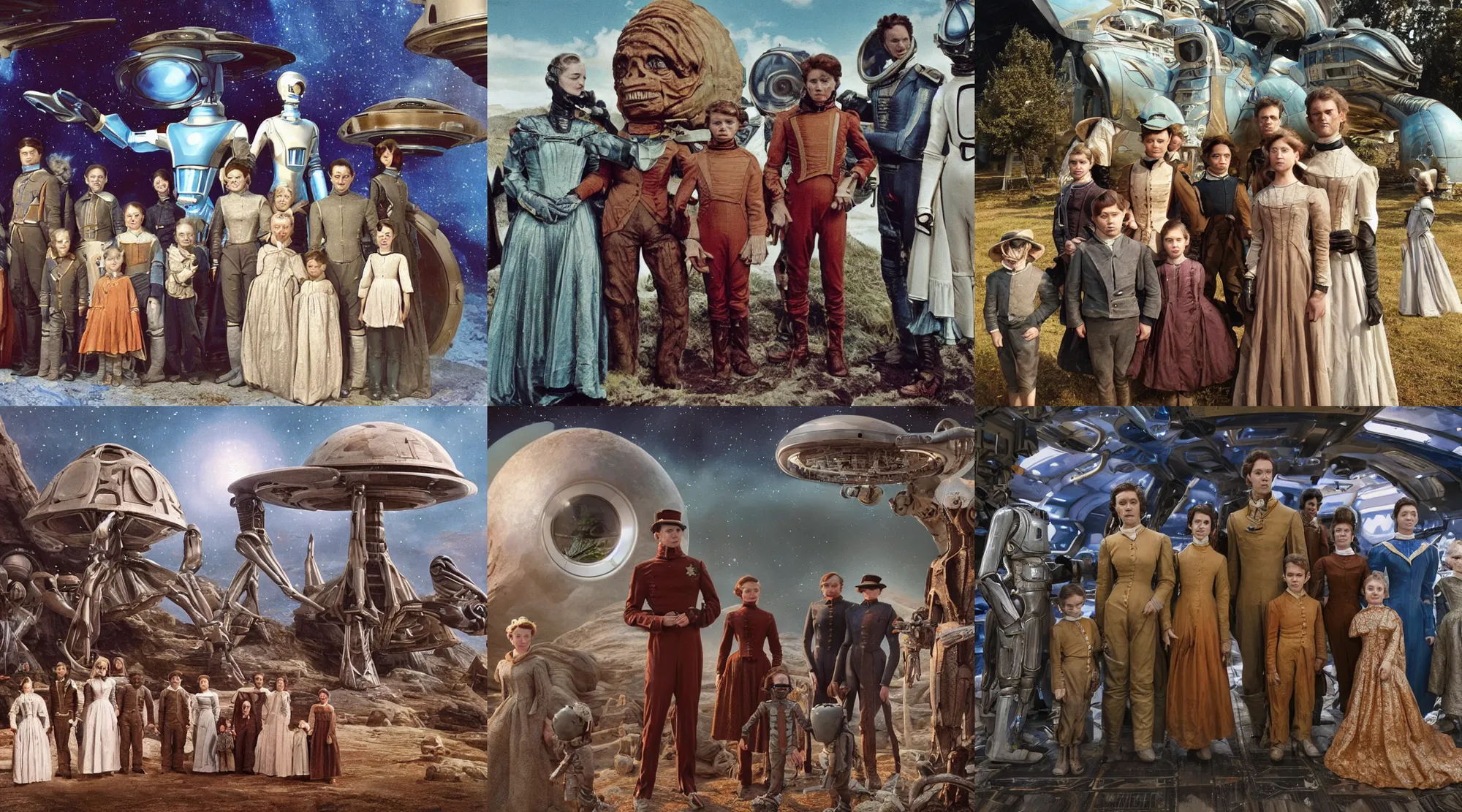 Prompt: highly detailed, 256k film still from a sci fi blockbuster color movie made in 2022, set in 1860, of a family standing in front of a spaceship that has just landed on an alien planet, a humanoid alien creature stands nearby, the family are all wearing 1850s era clothes, cinematic lighting, human faces, extremely good lighting, winner of seven oscars