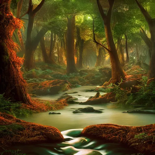 Prompt: a river of chocolate in a forest, futurism, high fantasy, magical elements, vibrant colors, lush landscape, sharp details, high res eautiful lighting, digital art, octane rendered, studio light, glowing lights, holographic undertones, epic fantasy, extremely detailed, establishing shot, realistic materials, hyperrealistic, high delicate defined details, 8 k