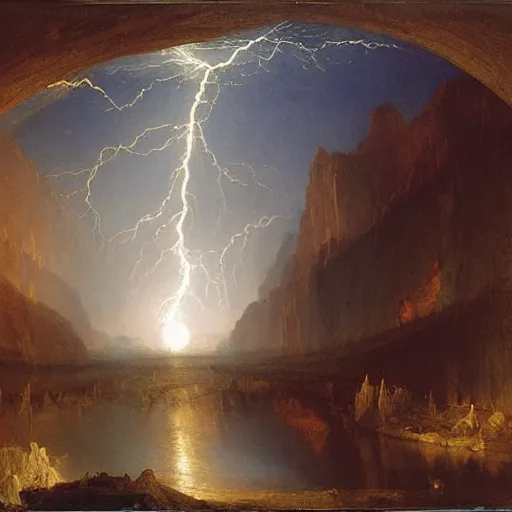 Image similar to river of lightning beneath a full moon, thomas cole, j.m.w. turner, howard hawks