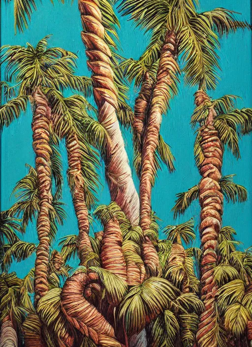 Image similar to baguettes grow instead of bananas on a palm tree, intricately detailed acrylic painting