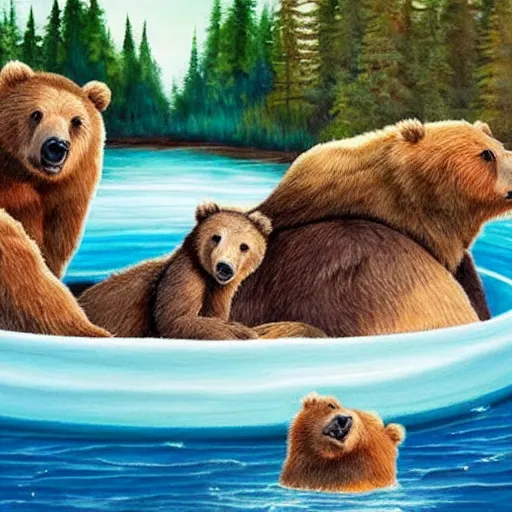 Image similar to grizzly bear family chilling in a hot tub, calming, nature, painting, cute, bob ross.