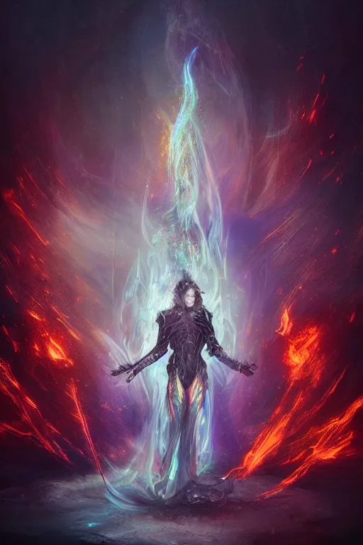 Image similar to holographic flame knight, digital art, electronic, trending on artstation, professional art by seb mckinnon, david romero, wlop, cinematic lighting, ultra detailed, fantasy, magic, hologram