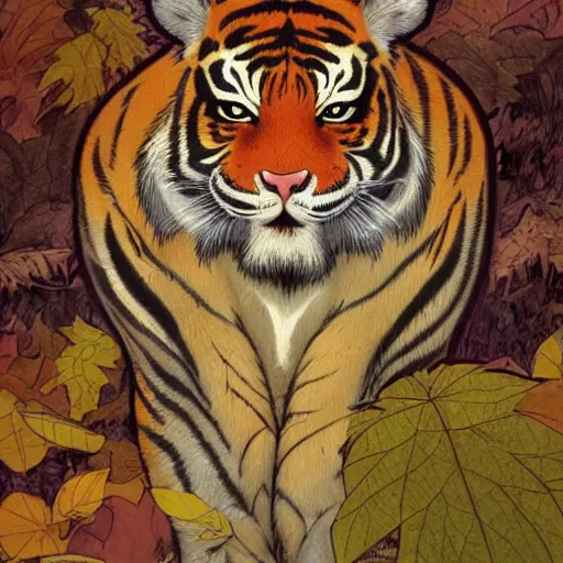 Prompt: a highly detailed portrait of cartoon tiger, sweating and fanning, autumn leaves on the ground, concise lines, ultradetailed environment, sharp focus, cinematic lighting, character art, 8 k, by alphonse maria mucha and kim jung gi