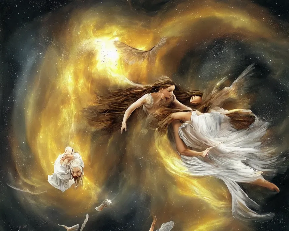 Image similar to angel falling to black hole, very high resolution images, very fine details, very realistic looking, rennaissance style painting, drawn by yulia iosilzon, and simone graci