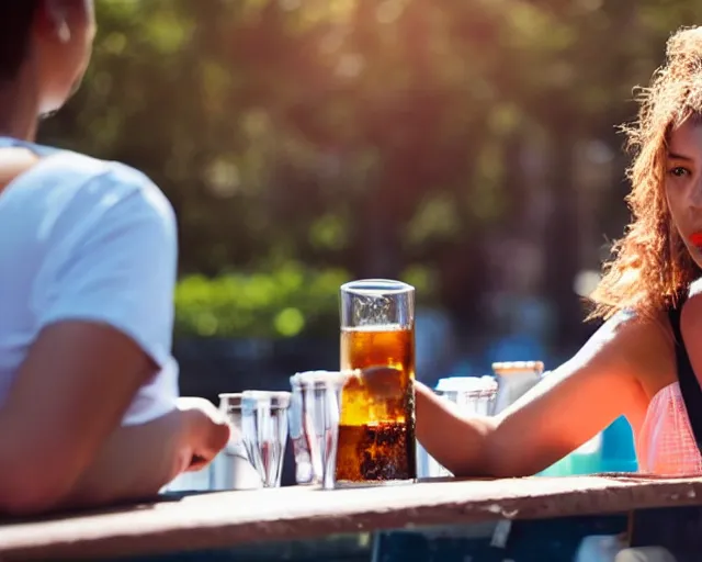 Prompt: an over-heated young woman serving people alcohol under the hot sun, photograph, 4k UHD