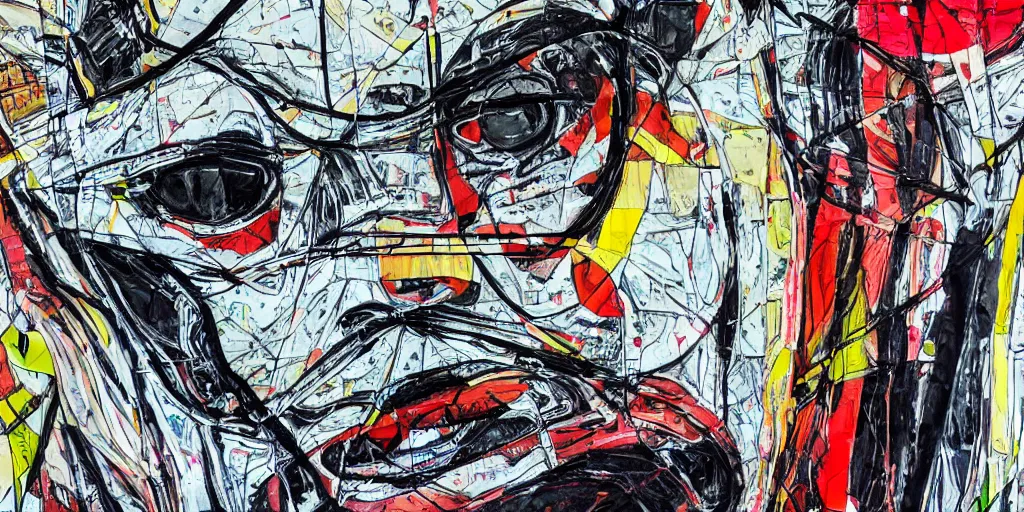 Image similar to close up portrait car crash test, thick lines with paint, collage paper and tape, acrylic on canvas, expressionism movement, breathtaking detailed, by blake neubert