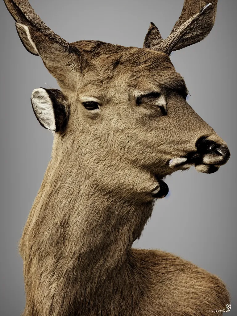 Prompt: a portrait of a male deer in the suit, trending on artstation