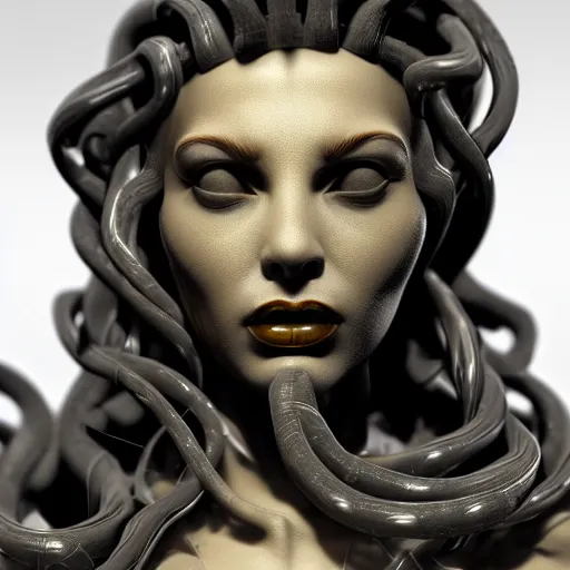 Prompt: concept art of hard surface statue of gorgeous medusa gorgon, black onyx details, black and gold wires, by jama jurabaev, hyper realistic render, super detailed, photo quality, octane render, corona render