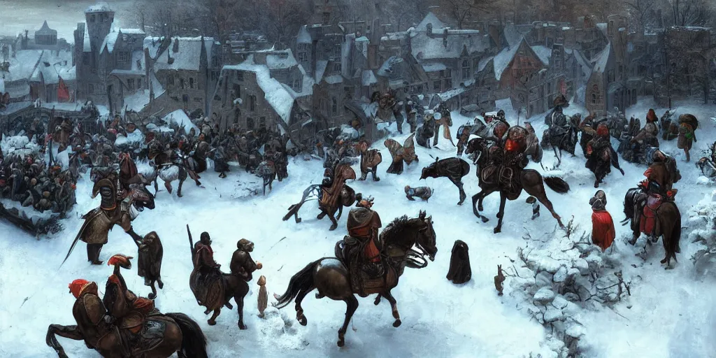 Image similar to RTS gameplay third person in style of Brueghel paintings, painting, Stronghold strategy gameplay, high detailed,dark fantasy, dark tones, medieval, snow, buildings, castle, armored units, cavalry,RPG, high detailed, contrast, octane render,mill, farm, creative